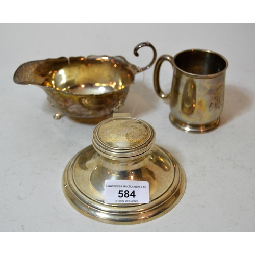 584 - Silver capstan inkwell, miniature silver mug and sauce boat