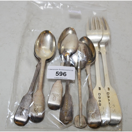 596 - Pair of Victorian silver fiddle pattern table forks, six matching coffee spoons and another silver s... 