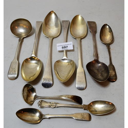 597 - Quantity of various Georgian silver table spoons and small quantity of coffee spoons etc.