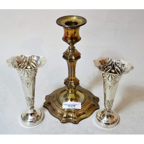 598 - Modern London silver antique style baluster form candlestick with sconce and a pair of Birmingham si... 