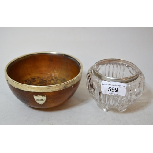 599 - London silver collard polished and cut glass dish, and a Chester silver mounted oak bowl, with plaqu... 