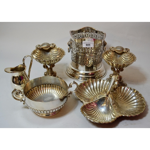 605 - Pair of silver plated shell form bon bon dishes, together with a silver plated trefoil dish, bottle ... 