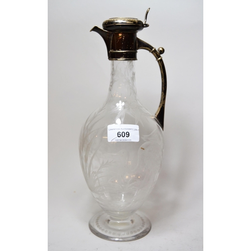 609 - Victorian silver mounted etched glass claret jug, the body decorated with a scene of exotic birds in... 