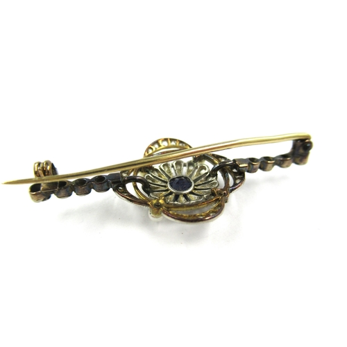 695 - Edwardian diamond, sapphire and seed pearl set bar brooch of pierced design, 41mm wide