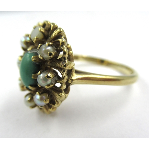 699 - 9ct Gold turquoise and pearl cluster ring, size 'R'