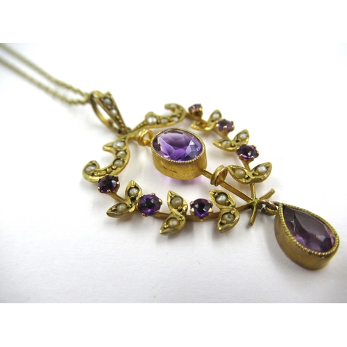 706 - Edwardian 9ct gold amethyst and pearl set pendant on chain