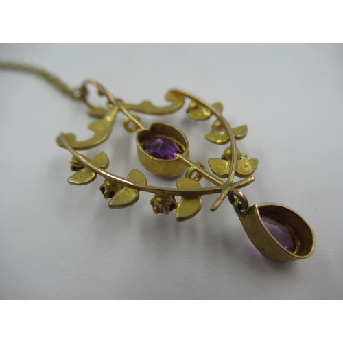 706 - Edwardian 9ct gold amethyst and pearl set pendant on chain