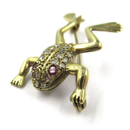 709 - 9ct Gold diamond and ruby set frog brooch, 2.8g