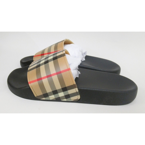 73 - Burberry, London, pair of ladies pool slides, size 36, unworn and complete with original packaging a... 