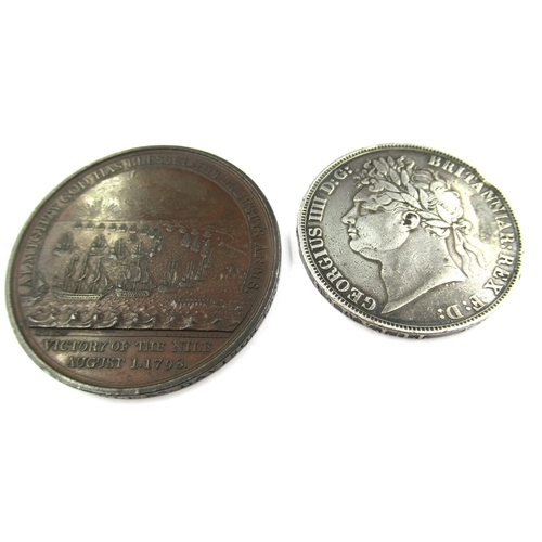 756 - Davison bronze medal of the Nile, August 1798, together with a George IV 1822 silver Crown