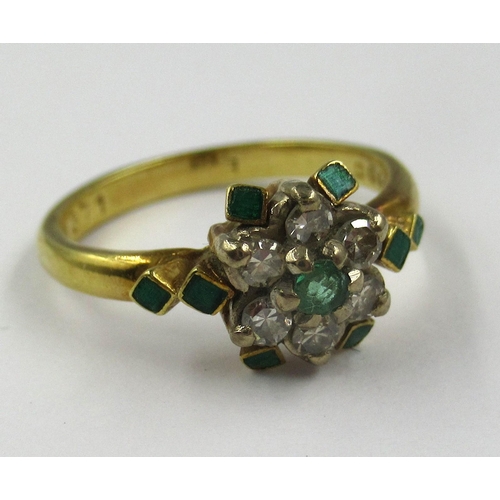 777 - 18ct Gold emerald and diamond flowerhead ring, 3.2g, size K