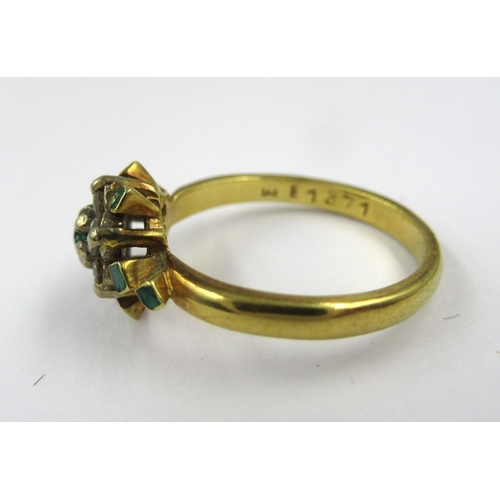 777 - 18ct Gold emerald and diamond flowerhead ring, 3.2g, size K