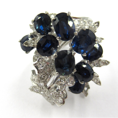 787 - Large 18ct white gold sapphire and diamond floral cluster ring, size K