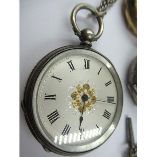 793 - Two Continental silver cased fob watches, one with attached silver chain, together with a gold plate... 