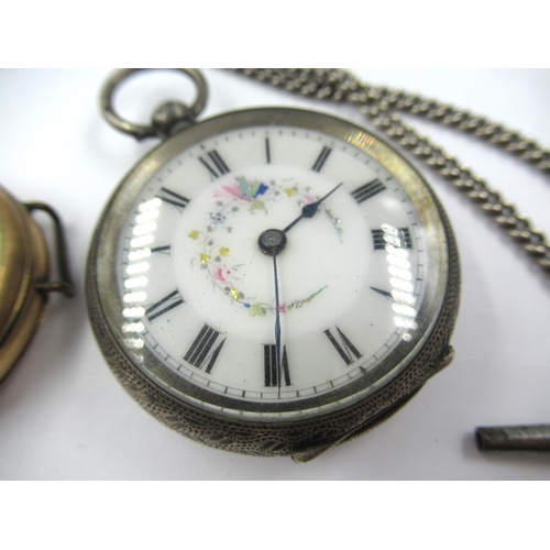 793 - Two Continental silver cased fob watches, one with attached silver chain, together with a gold plate... 