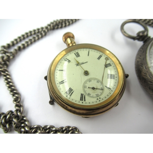 793 - Two Continental silver cased fob watches, one with attached silver chain, together with a gold plate... 