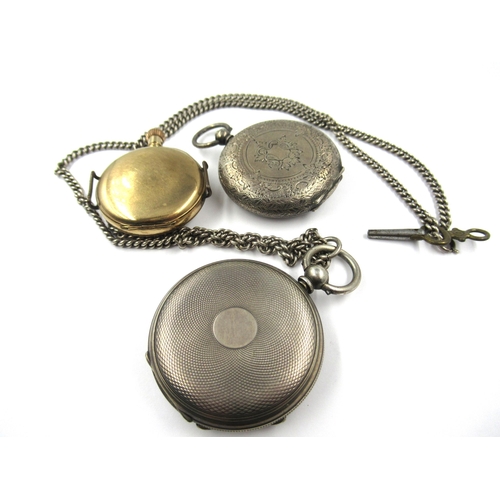 793 - Two Continental silver cased fob watches, one with attached silver chain, together with a gold plate... 