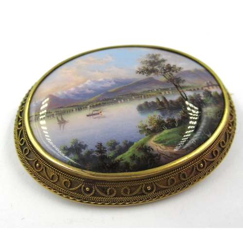 795 - 19th Century oval gold and mounted painted enamel brooch depicting lake scene, with steam and sailin... 