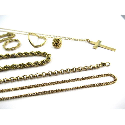 810 - Three various 9ct gold neck chains, a 9ct gold pendant cross, two 9ct gold bracelets, 9ct ring and a... 