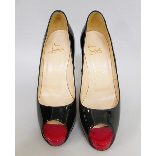 82 - Christian Louboutin, Paris, black patent leather peep toe court shoes, size 39