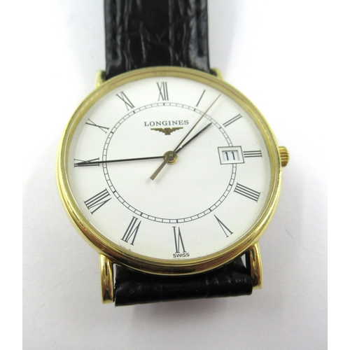 824 - Gentleman's 18ct gold cased circular wristwatch by Longines, the enamel dial with Roman numerals and... 