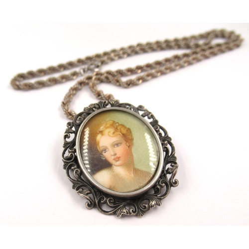 829 - Oval silver portrait pendant / brooch on chain