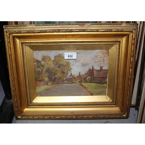 832 - G.A. Cattley, oil on card, rural scene with cottages, signed and dated 1950, 16cms x 24cms, gilt fra... 