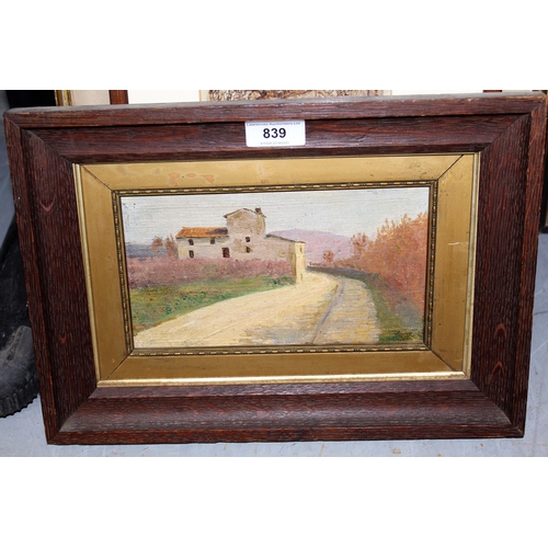 839 - Small oil on canvas board, rural village scene, signed Bonetto? 15cms x 24cms, oak framed together w... 