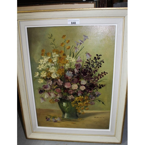 848 - Mid 20th Century oil on canvas, still life, spring flowers in a green glass vase on a table top, sig... 