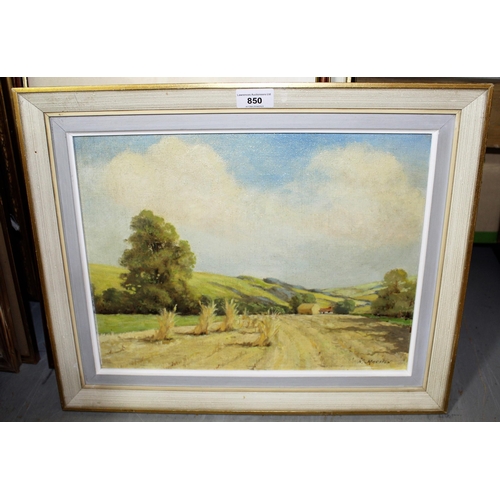 850 - N. Marston, oil on canvas board, distant farmhouse in a landscape, signed, 29cms x 38cms, framed