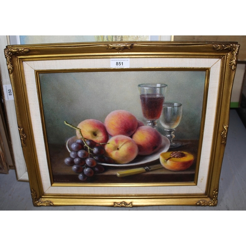 851 - Constance Cooper, oil on canvas, still life, fruit and a glass of wine on a table top, signed, 28cms... 