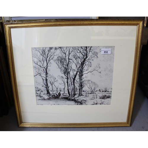 852 - Jack Merriott, ink drawing, ' The Hiker ', signed, 25cms x 32cms, gilt framed