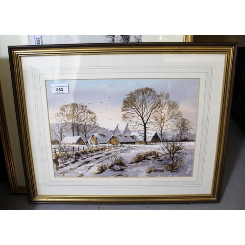 853 - Isabelle Castle, watercolour, snow scene with oast houses, unsigned, label verso, 23cms x 34cms, gil... 