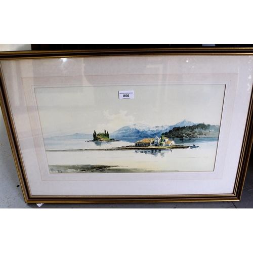 856 - A. Kirgophas (Greek), watercolour, ' Mouse Island, Corfu ', signed, 26cms x 48.5cms, gilt framed