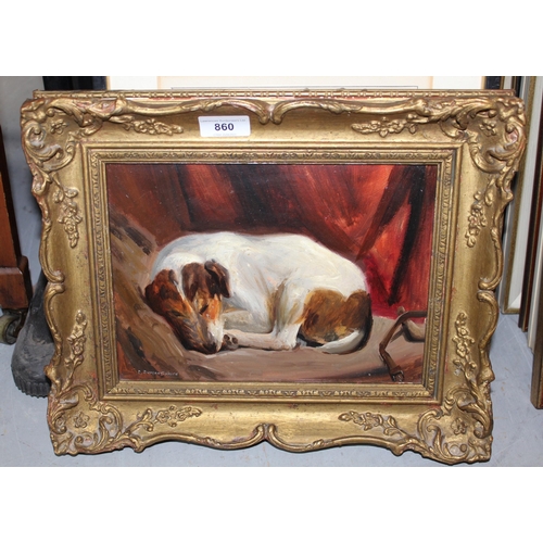 860 - Robert Dumont Smith, oil on board, study of a sleeping terrier, signed, 20cms x 28cms approximately,... 