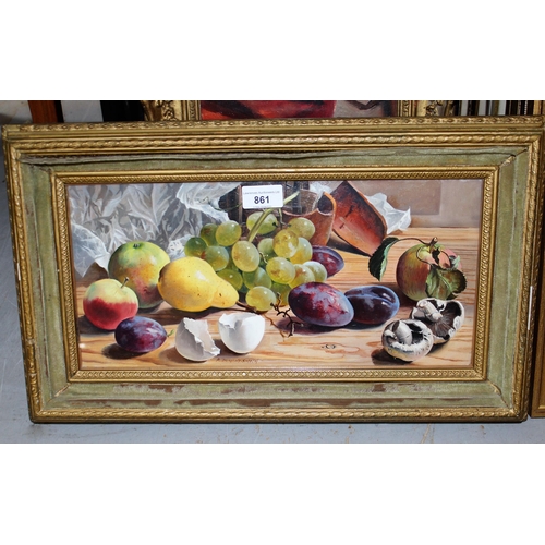 861 - Robert Dumont Smith, oil on board, still life, fruit, egg shells and mushrooms on a pine table top, ... 