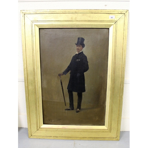 863 - A.Ludovic, 19th Century oil on canvas, full length portrait of a suited gentleman in top hat, with a... 