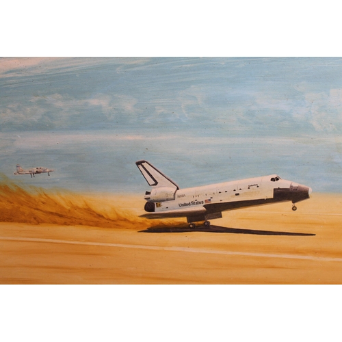 874 - Two modern oil paintings, a Pan Am space shuttle leaving a space station, the other of the Colombia ... 