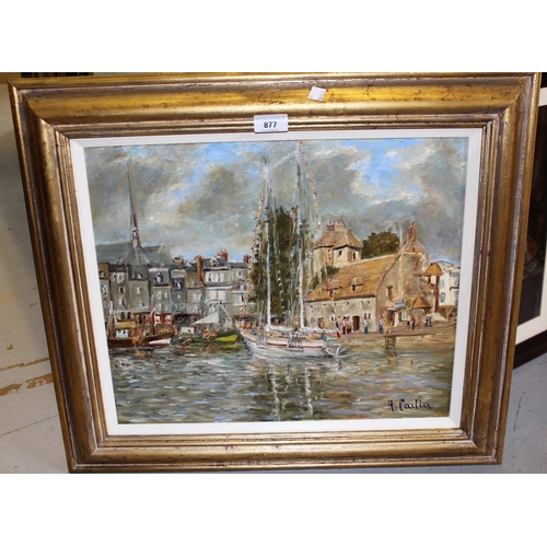 877 - R. Carpier, late 20th Century oil on canvas, French harbour scene, ' La Lieutenance ' with moored bo... 