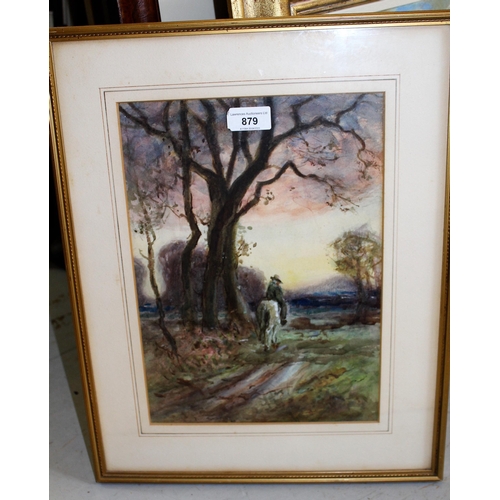 879 - Early 20th Century watercolour, figure on horseback on a wooded track, indistinctly signed, dated '0... 