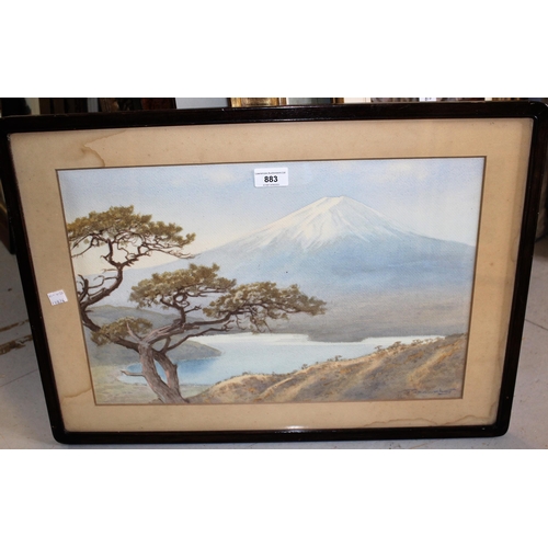 883 - Tananchi, Japanese school watercolour, study of lake scene with Mount Fuji to the background, signed... 