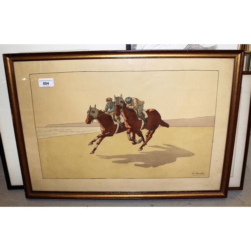 884 - Charles Ancelin, lithograph, racehorses exercising on the beach, 37cms x 54cms, gilt framed