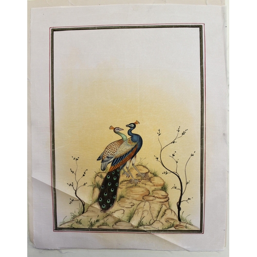 887 - Unframed watercolour on silk, peacocks in a landscape, 22cms x 29cms