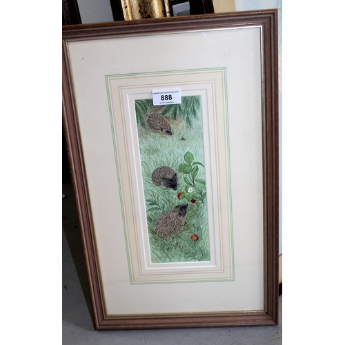 888 - Julie Hockin, original watercolour, Hedgehogs and wild strawberries, signed and framed, bearing labe... 