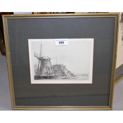 889 - Two framed etchings, after Rembrandt, windmill in a landscape and timber framed shack in a landscape... 