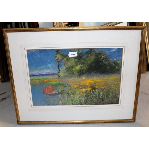 894 - Pastel study of a lake scene with figure in a boat, signed indistinctly, 29cms x 44cms, gilt framed