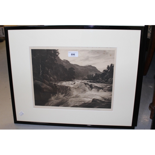 896 - George Percival Gaskell, artist signed etching, river scene with rapids, 24cms x 32cms, framed