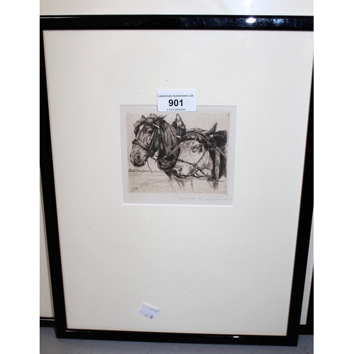 901 - Small artist signed etching, study of head of a horse and ox, signed indistinctly and monogrammed E.... 