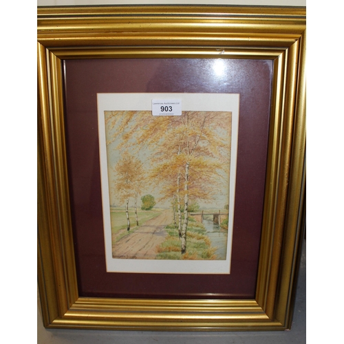 903 - Hermann Sievers, watercolour river scene with tree lined track, signed, 21cms x 16cms, gilt framed