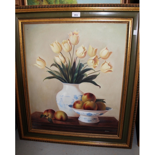 913 - Modern oil painting on canvas, still life of tulips and fruit, 61cms x 51cms, in a painted and gilde... 